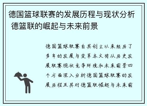 德国篮球联赛的发展历程与现状分析 德篮联的崛起与未来前景 德国篮球联赛的发展历程与现状分析 德篮联的崛起与未来前景